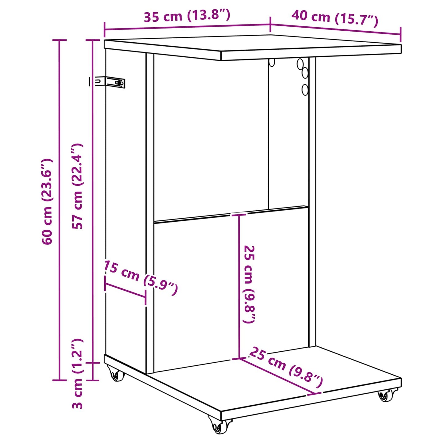 Sidebord med hjul Røget eg 40 x 35 x 60 cm Konstrueret træ