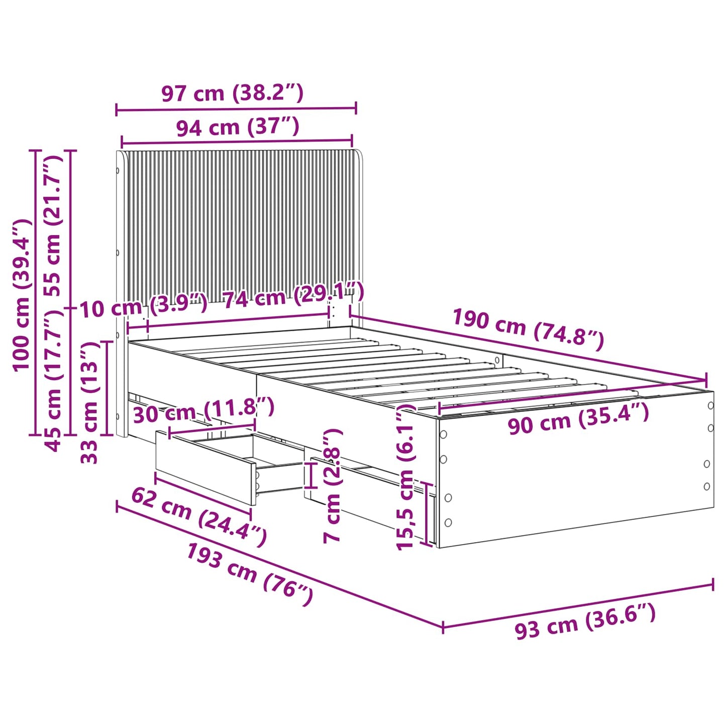 Sengestel med opbevaring og hovedgærde Hvid 90 x 190 cm