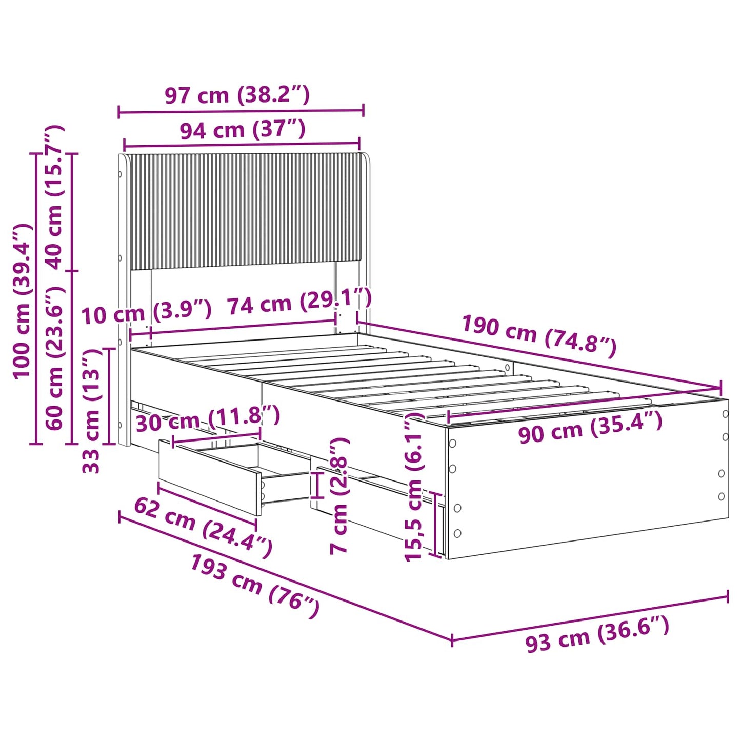 Sengestel med opbevaring og hovedgærde Røget eg 90 x 190 cm