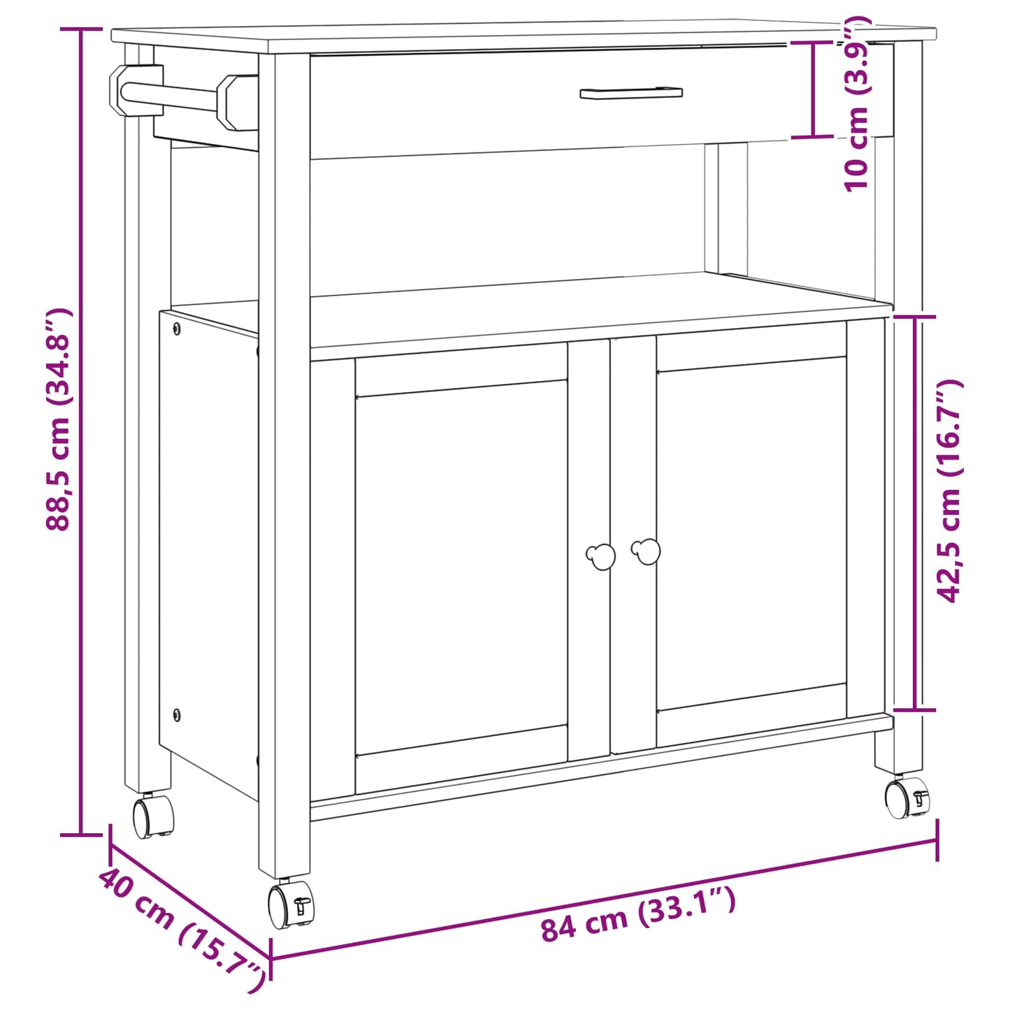 Køkkenvogn MONZA Sort 84 x 40 x 88,5 cm Massivt fyrretræ