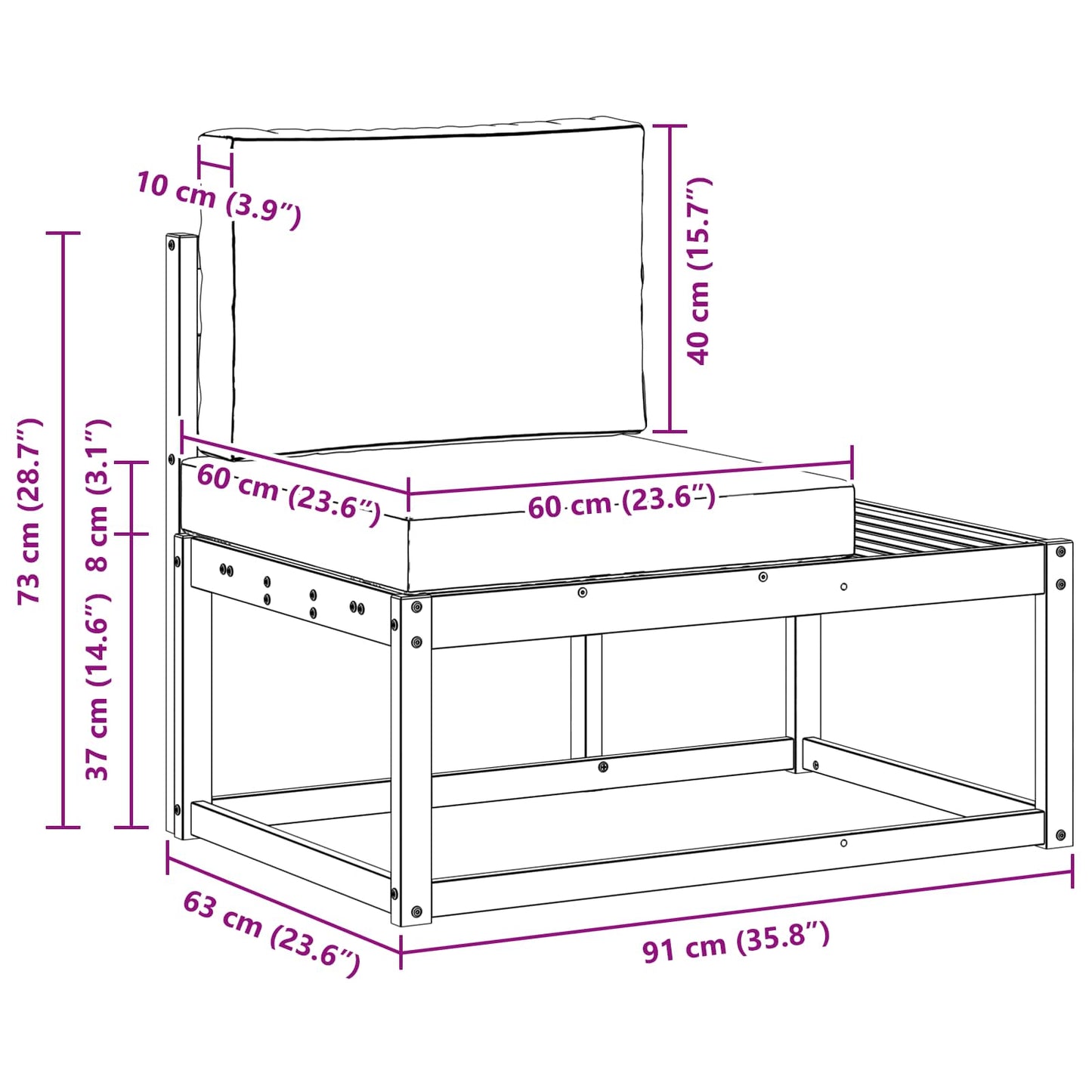 Udendørs Modulsofa Hvid 91 x 63 x 73 cm Massivt Akacietræ