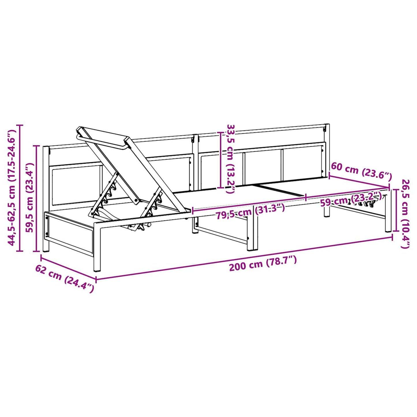 Solstol Sort 200 x 62 x 59,5 cm Textilene
