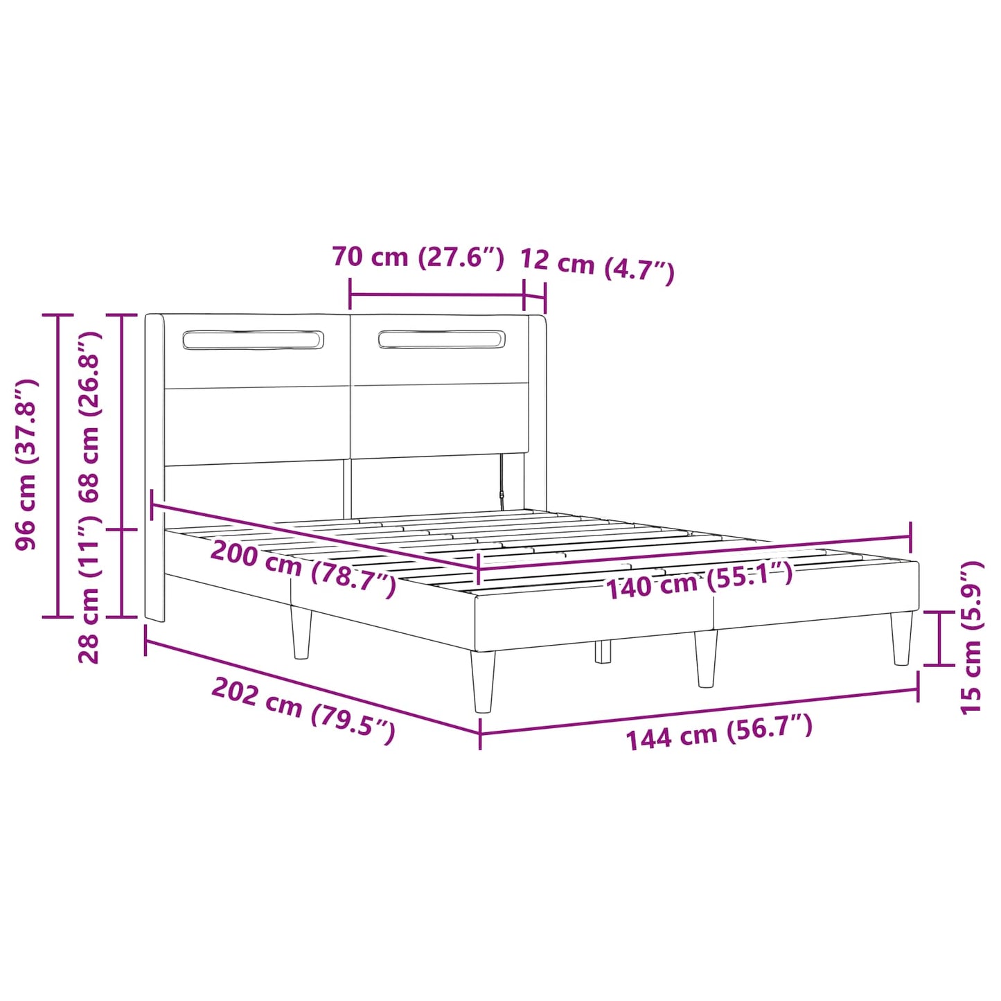 Sengestel med LED-lysstrimler Hvid 140 x 200 cm Kunstlæder