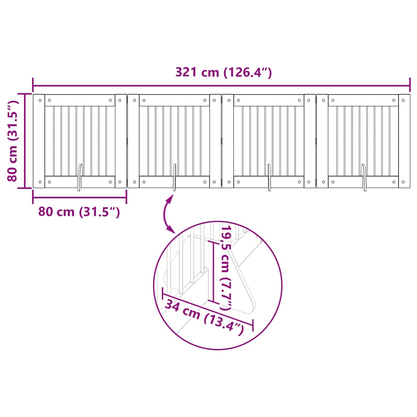 Sammenklappelig hundegitter med stativer 4 stk. Sort eg 321 cm