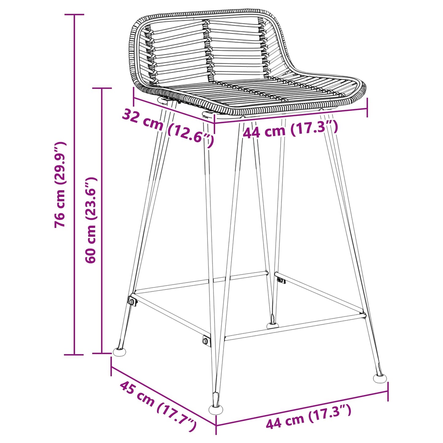 Barbænk 2 pcs Sort 44 x 45 x 76 cm Rattan og Stål