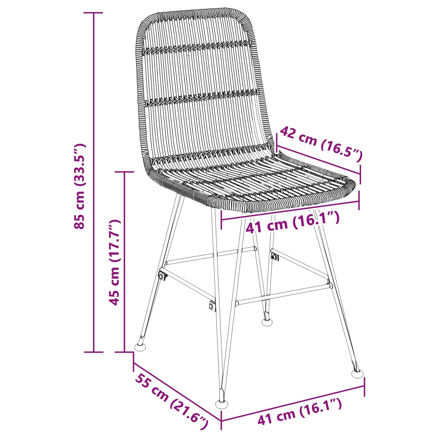 Spisestol 2 pcs Sort 41 x 55 x 85 cm Rattan og Stål