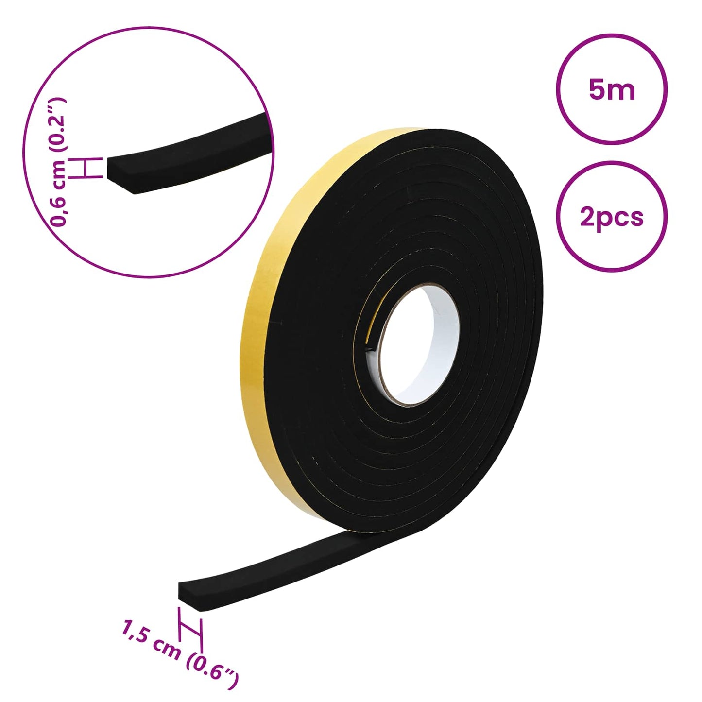 Selvklæbende skum tape 2 pcs Sort 15mm x 5m CR Skum