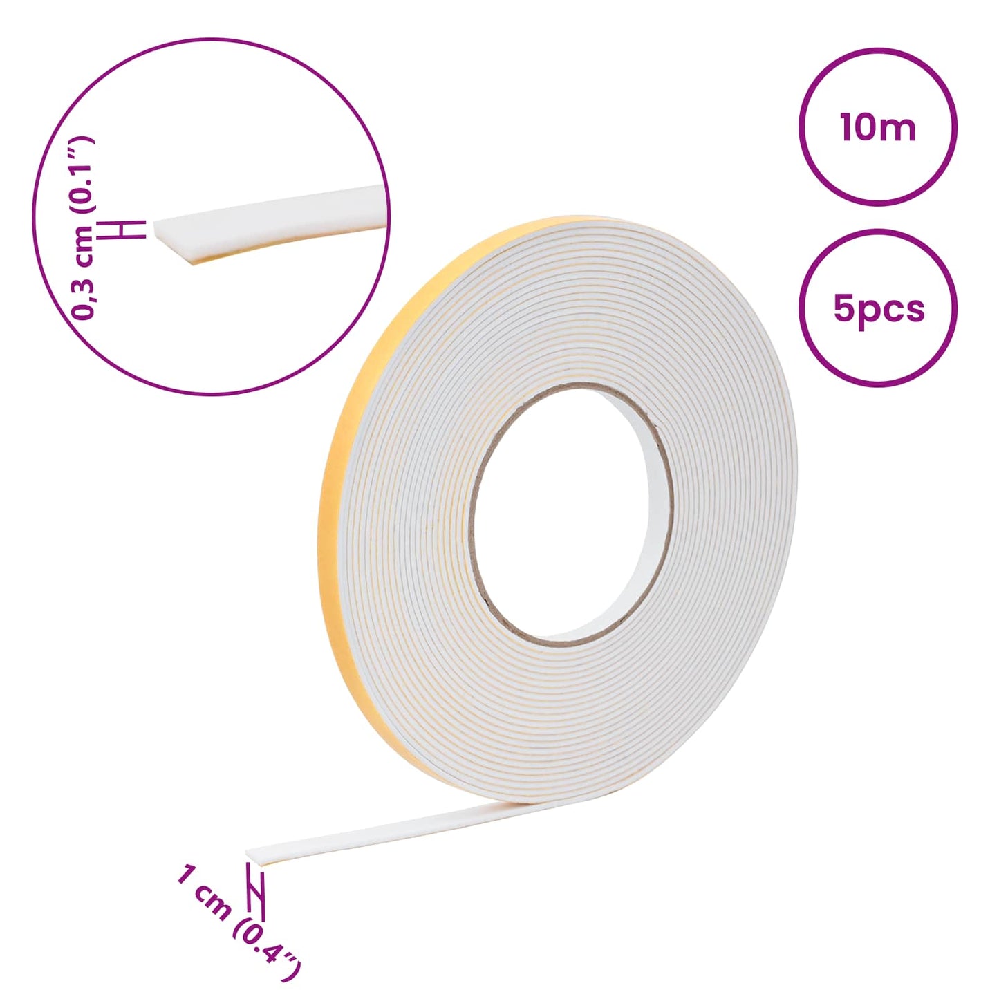 Selvklæbende skum tape 5 pcs Hvid 10 mm x 10 m CR Skum