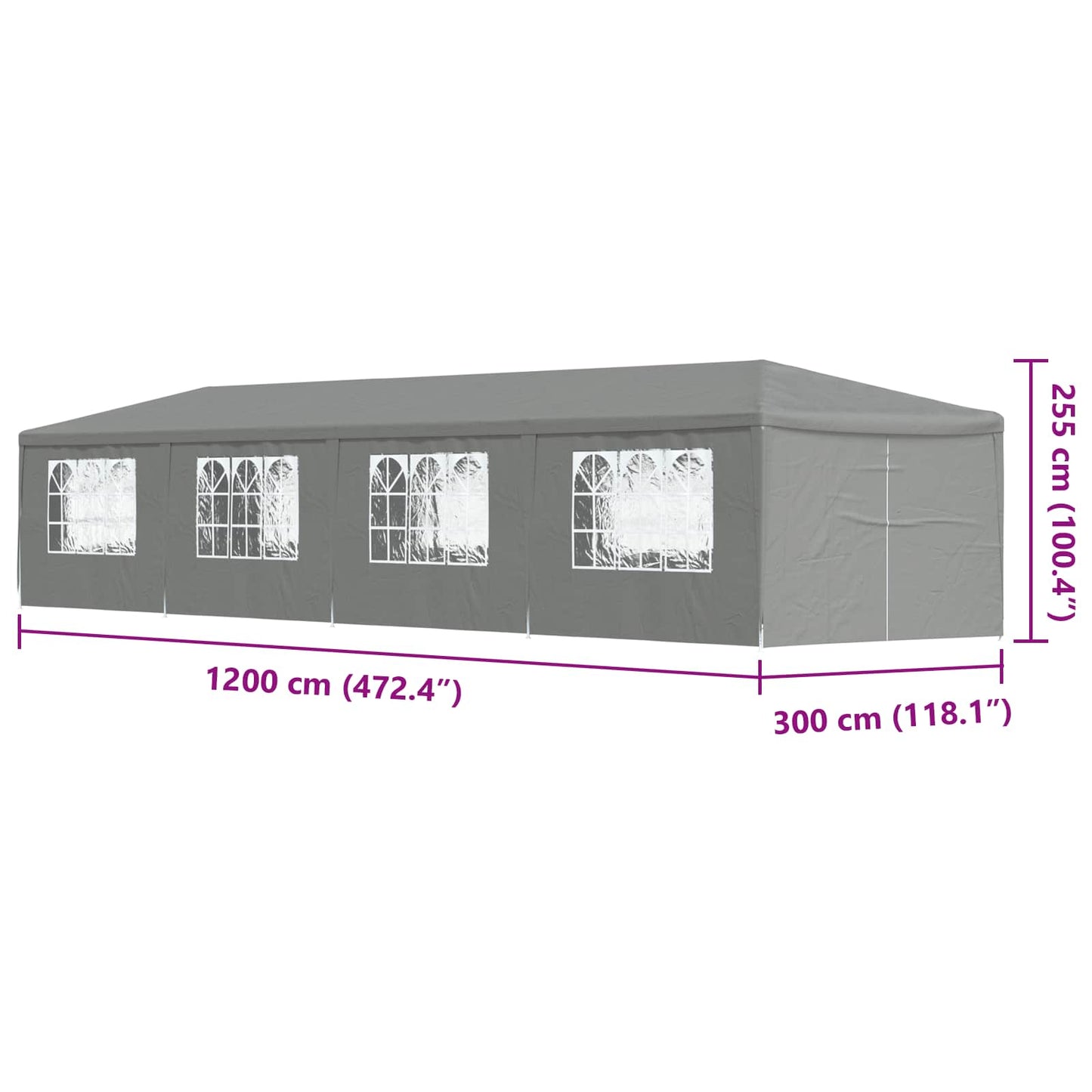 Party Tent 1200 x 300 x 255 cm Lysegrå PE og stål
