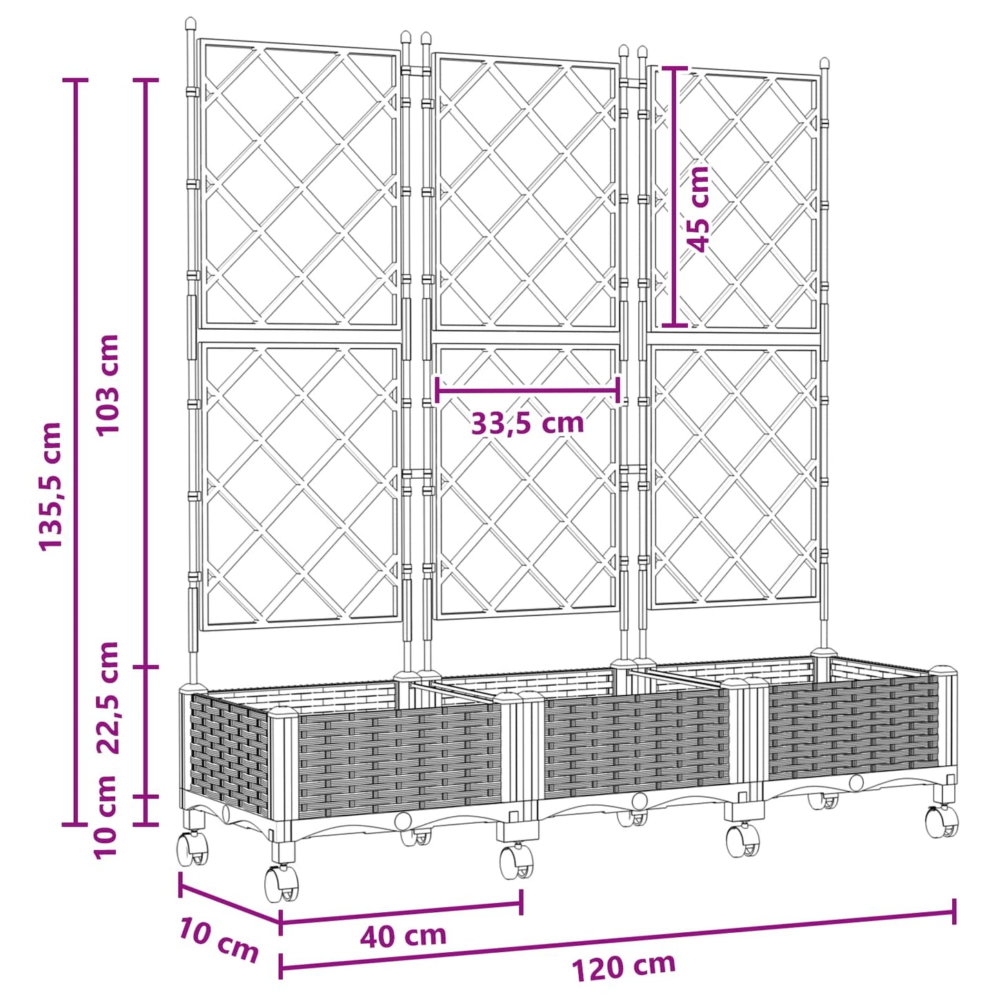 Haveplantekasse med espalier og hjul 3 stk. Lysegrå PP