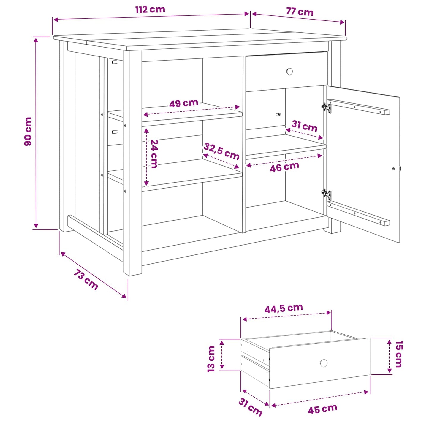 Køkkenvogn med hylde PANAMA 2 pcs Honning Voks 112 x 77 x 90 cm
