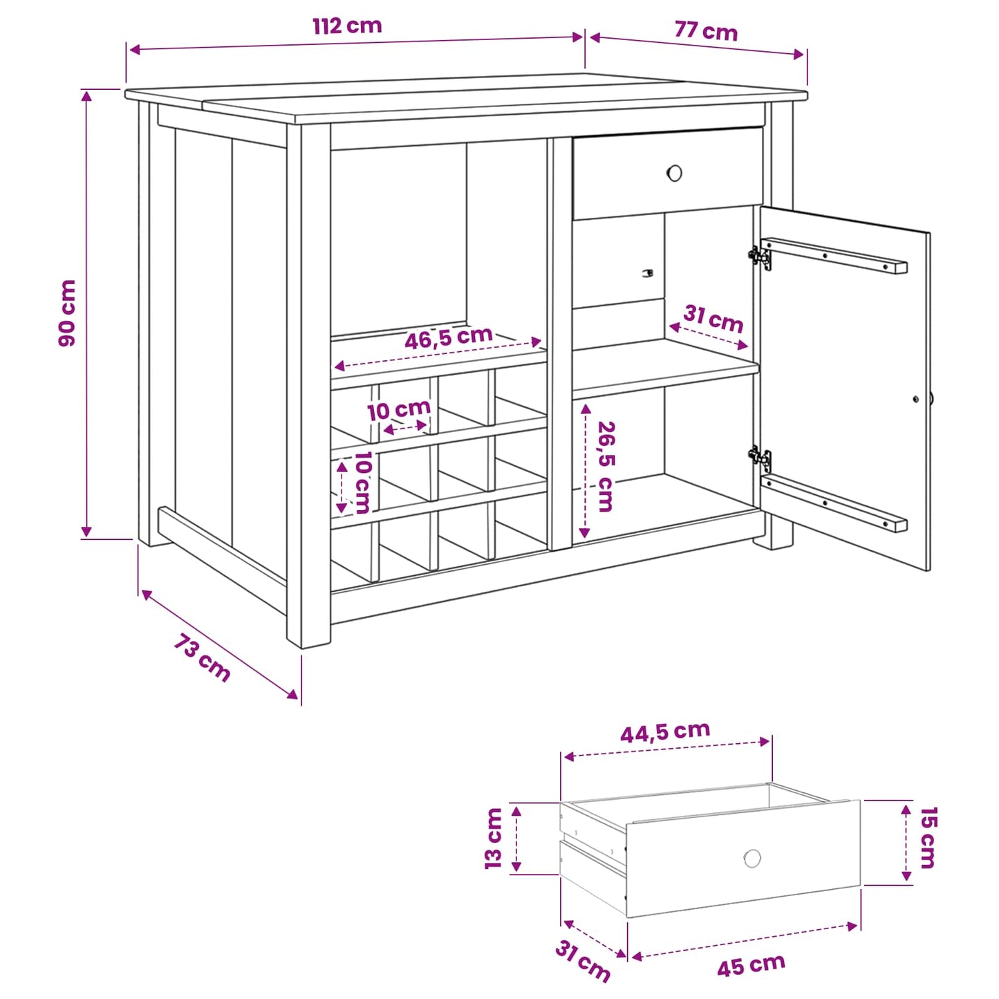 Køkkenvogn PANAMA 2 pcs Hvid og Honning Voks 112 x 77 x 90 cm