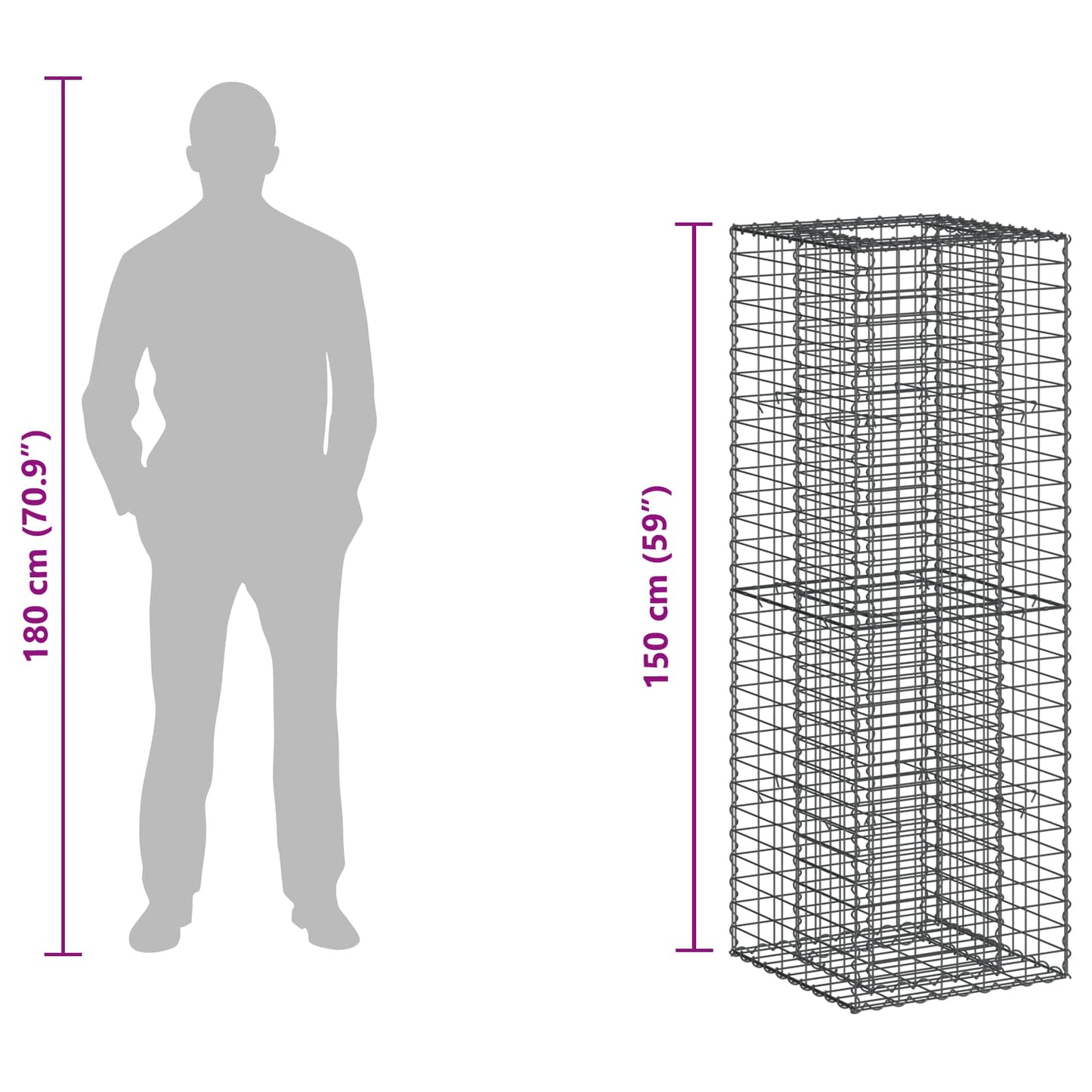 Gabion højbed 50 x 50 x 150 cm Galvaniseret stål Sølv