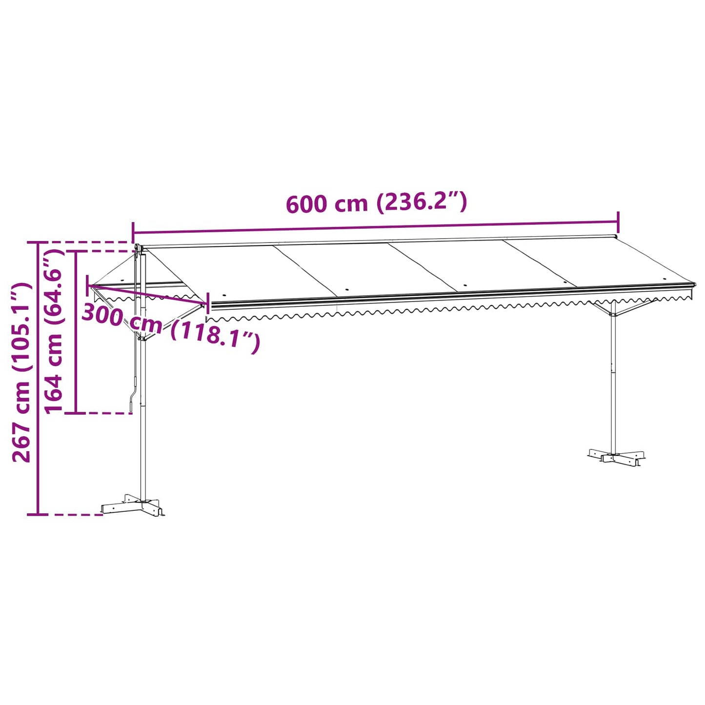 Fritstående markise 6 x 3 m Polyester Grå