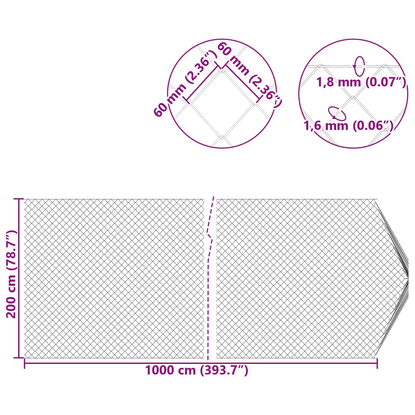 Kædelink indhegning Galvaniseret 2 x 10 m Glas
