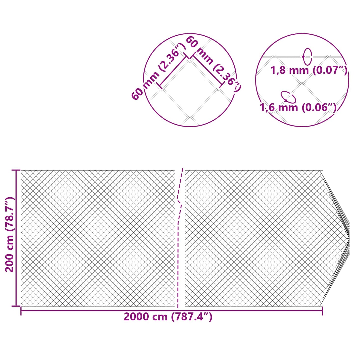 Kædelink indhegning Galvaniseret 2 x 20 m Glas