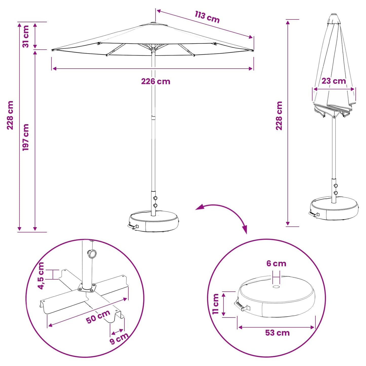 Haveparasol med base 230 x 230 cm Polyester Rektangulær Sort