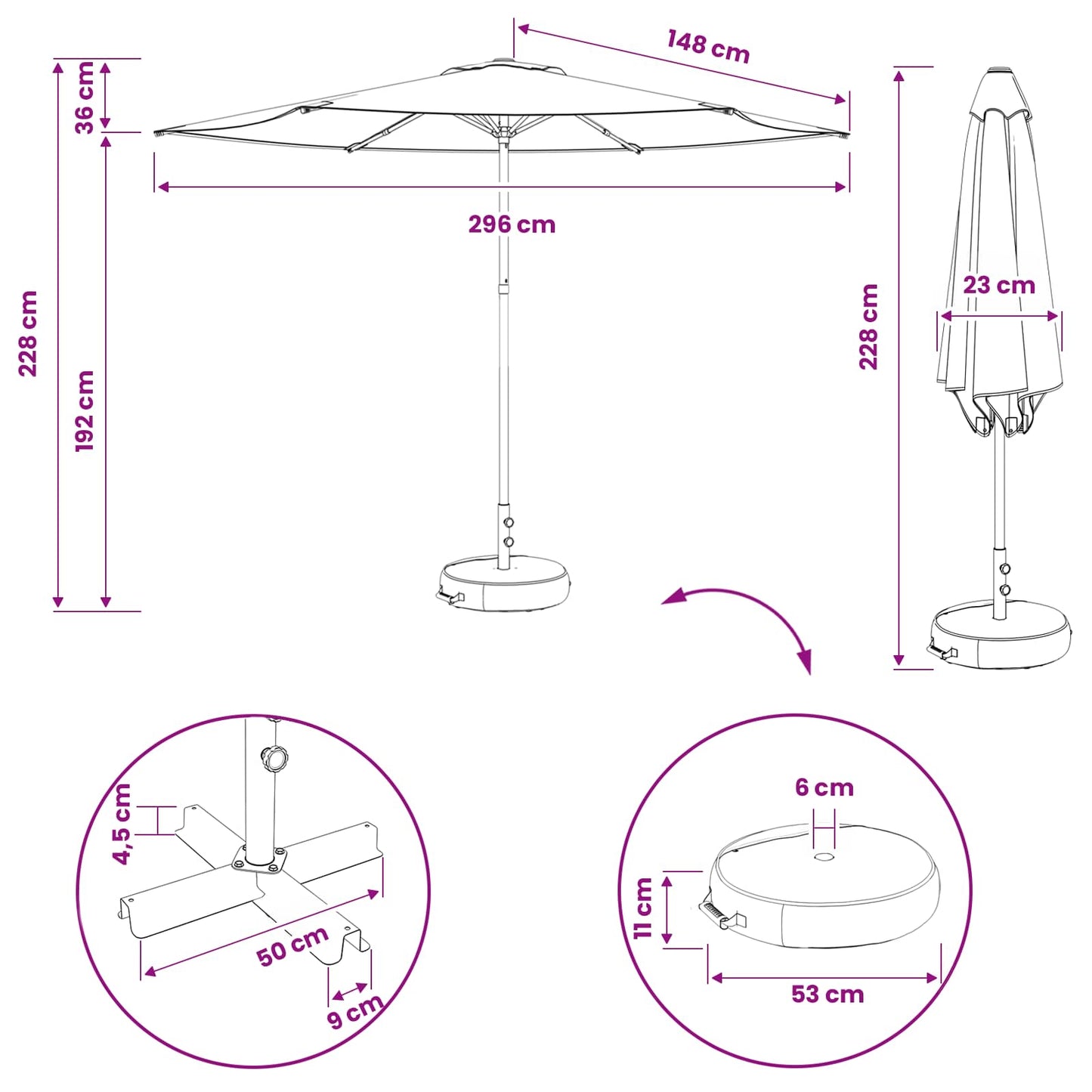 Haveparasol med base 300 x 300 cm Polyester Rektangulær Gråbrun