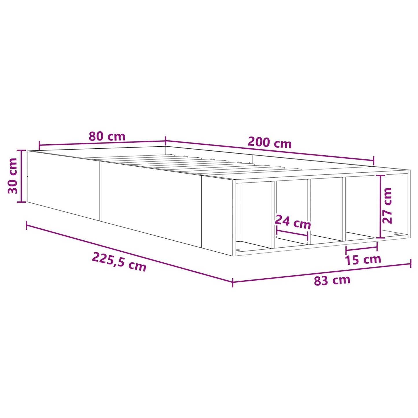 Sengestel med opbevaring Grå Sonoma 80 x 200 cm Konstrueret træ