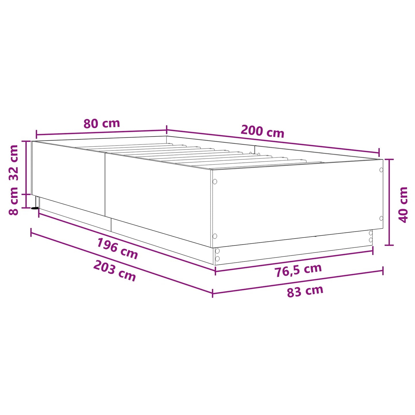 Senge ramme med LED Grå Sonoma 80 x 200 cm Konstrueret træ