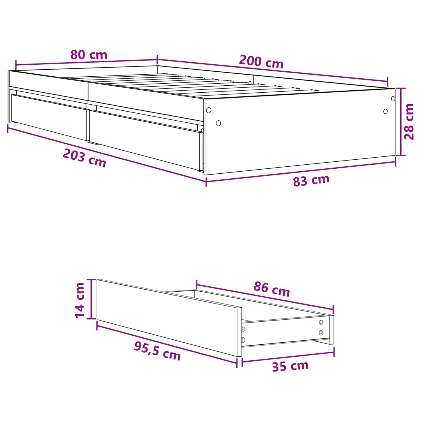 Sengestel med opbevaring Sort eg 80 x 200 cm Konstrueret træ
