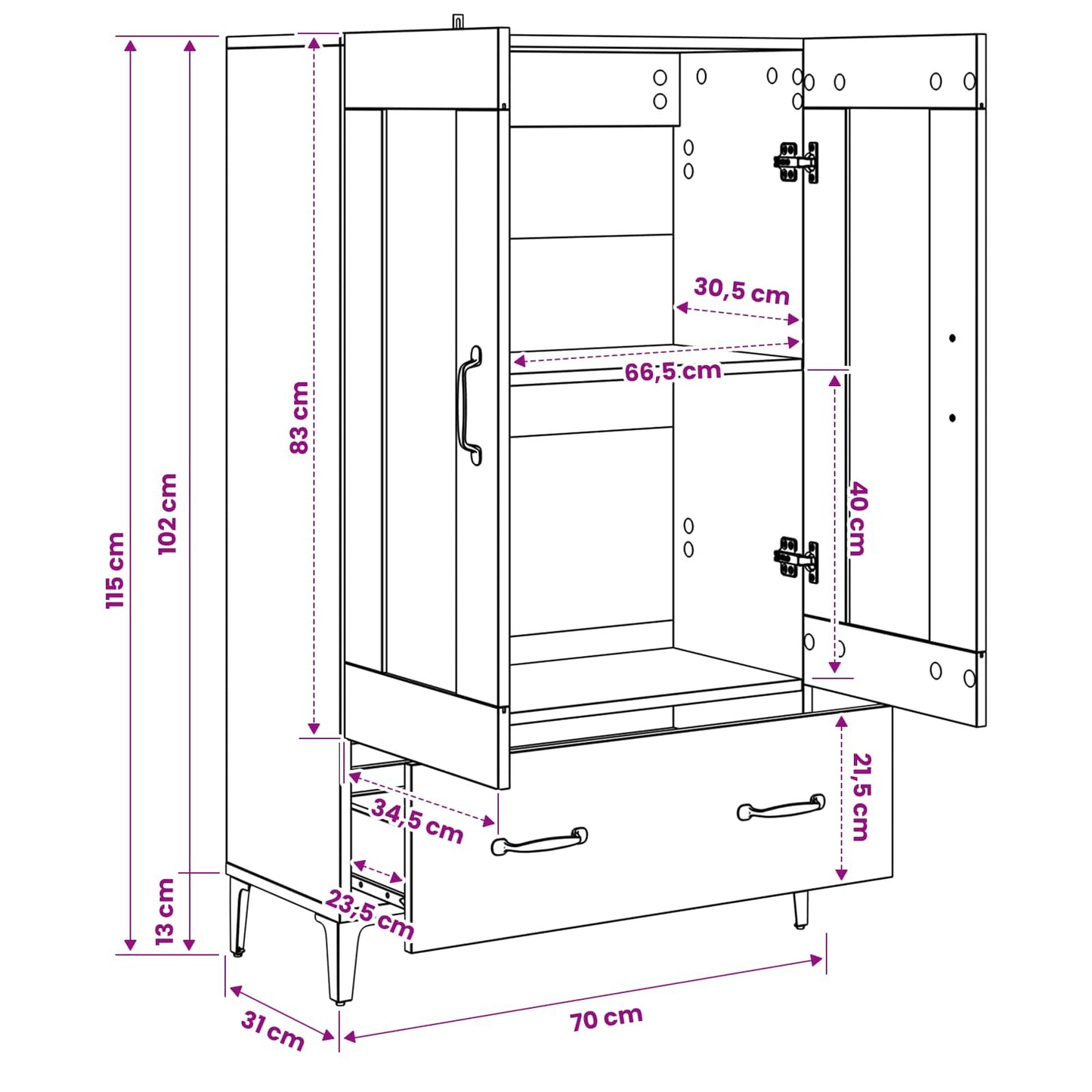 Highboard Sort eg 70 x 31 x 115 cm Konstrueret træ