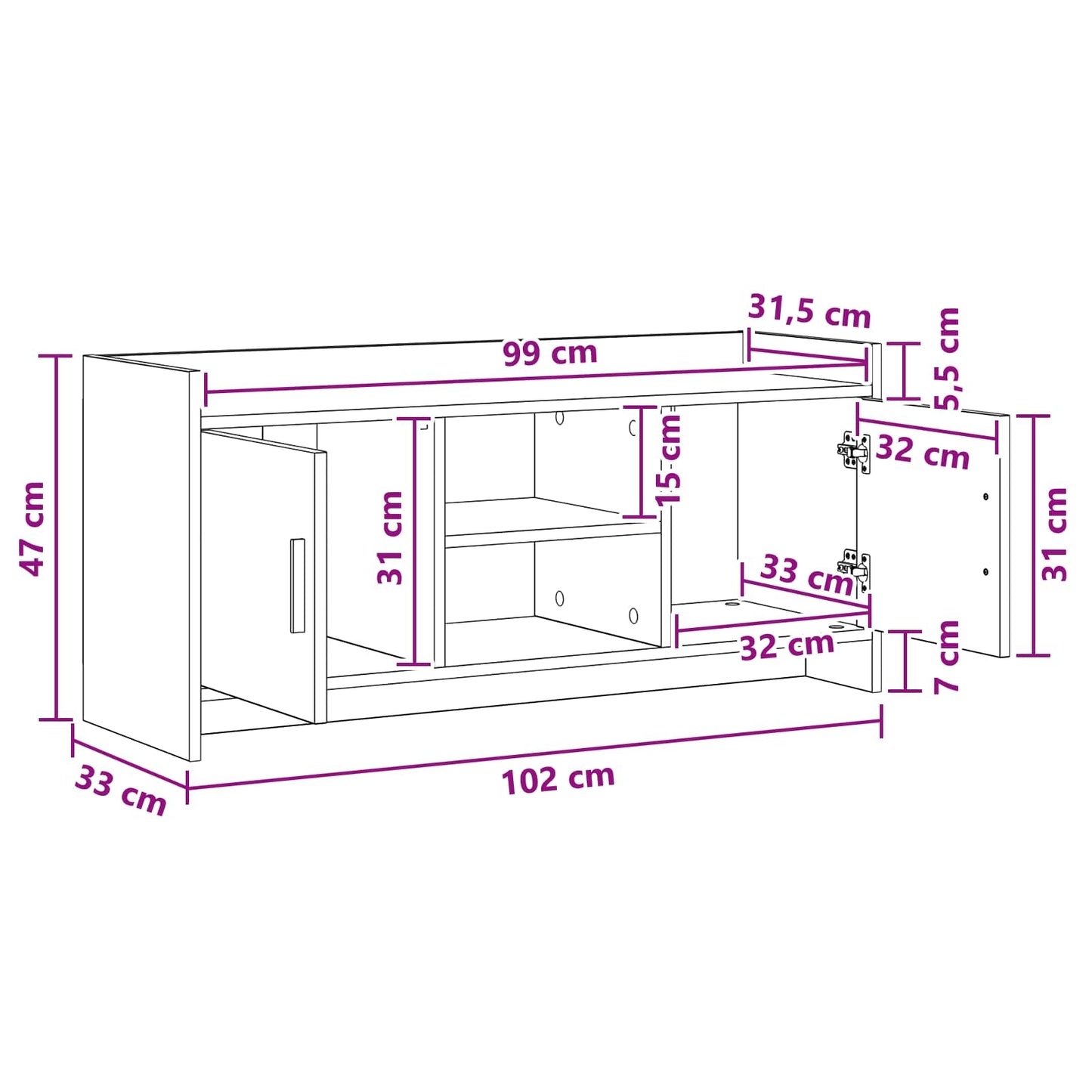 TV-skab 102 x 33 x 47 cm Hvid Konstrueret træ