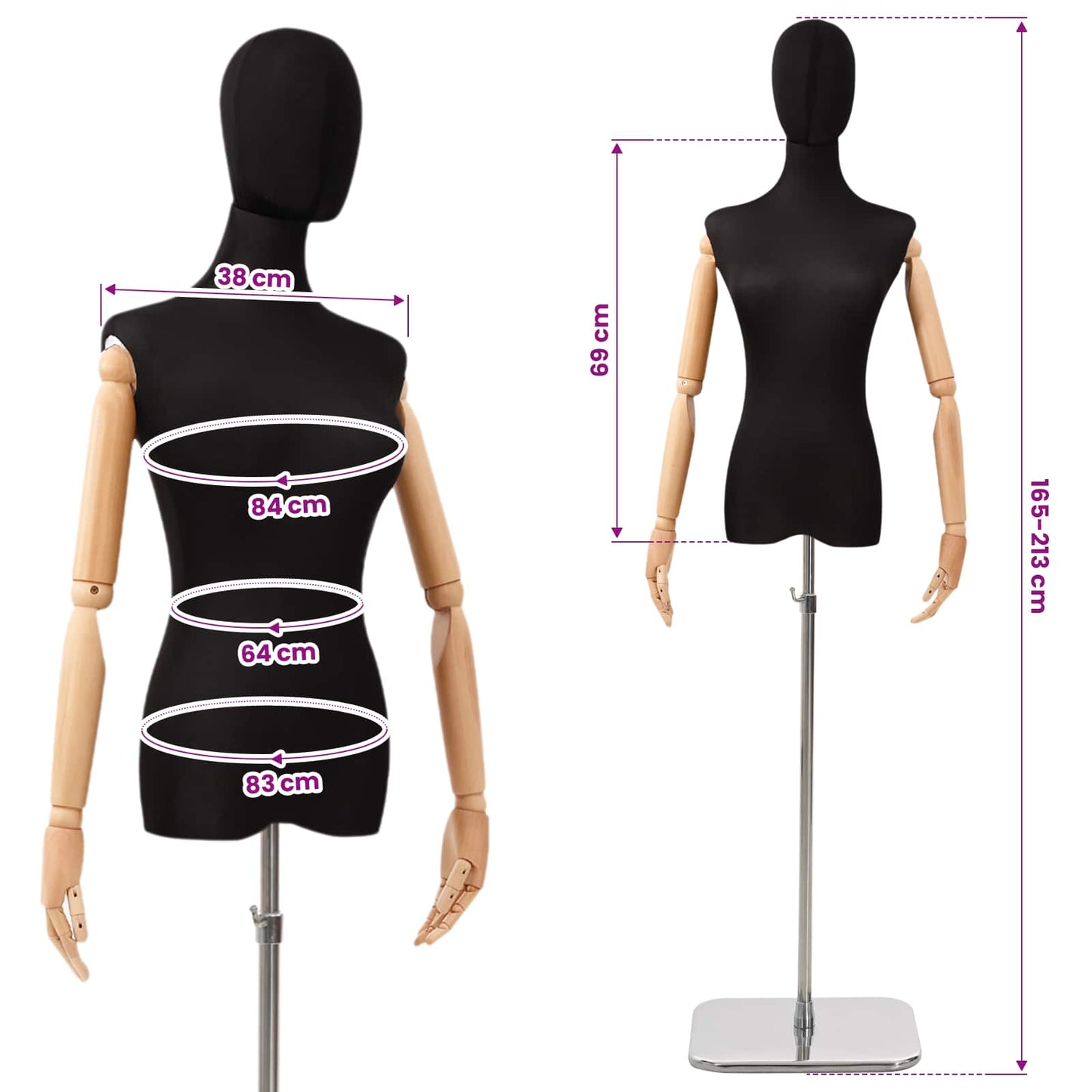 Justerbar mannequin 165-213 cm med base Kvinde PP Sort