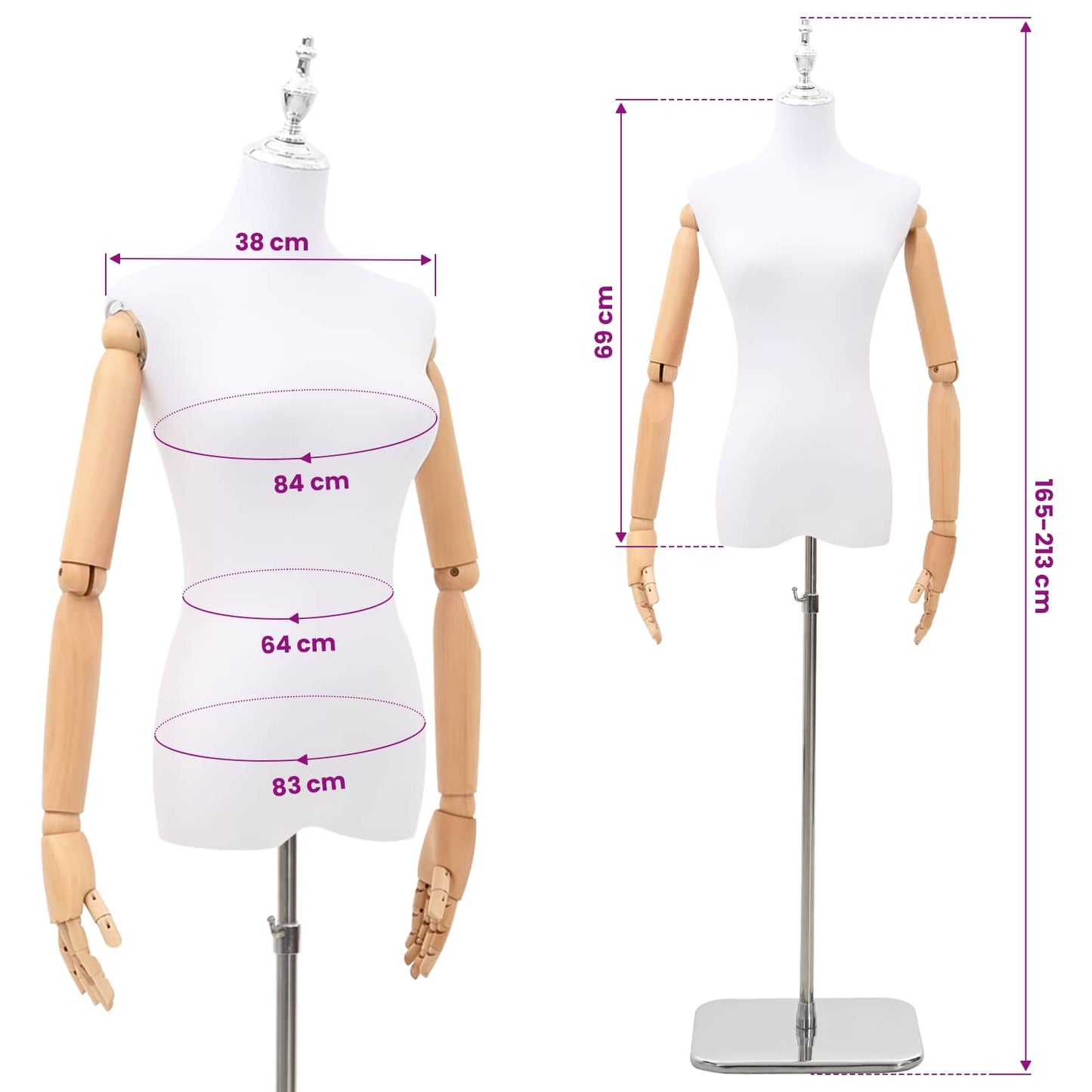 Justerbar mannequin 165-213 cm med base Kvinde PP Hvid