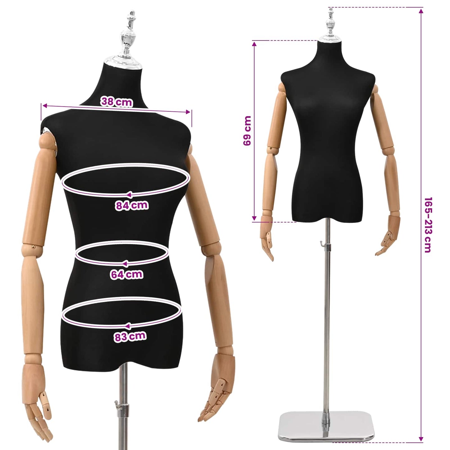 Justerbar mannequin 165-213 cm med base Kvinde PP Sort