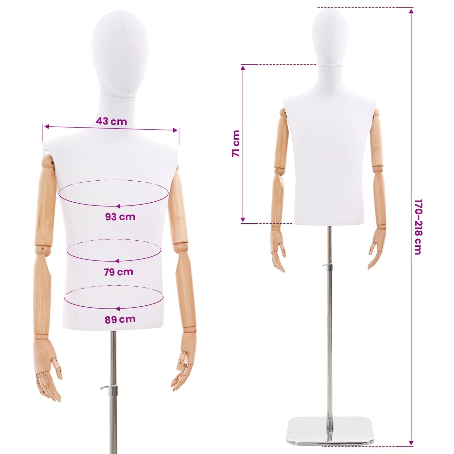 Justerbar mannequin 170-218 cm med base Mand PP Hvid