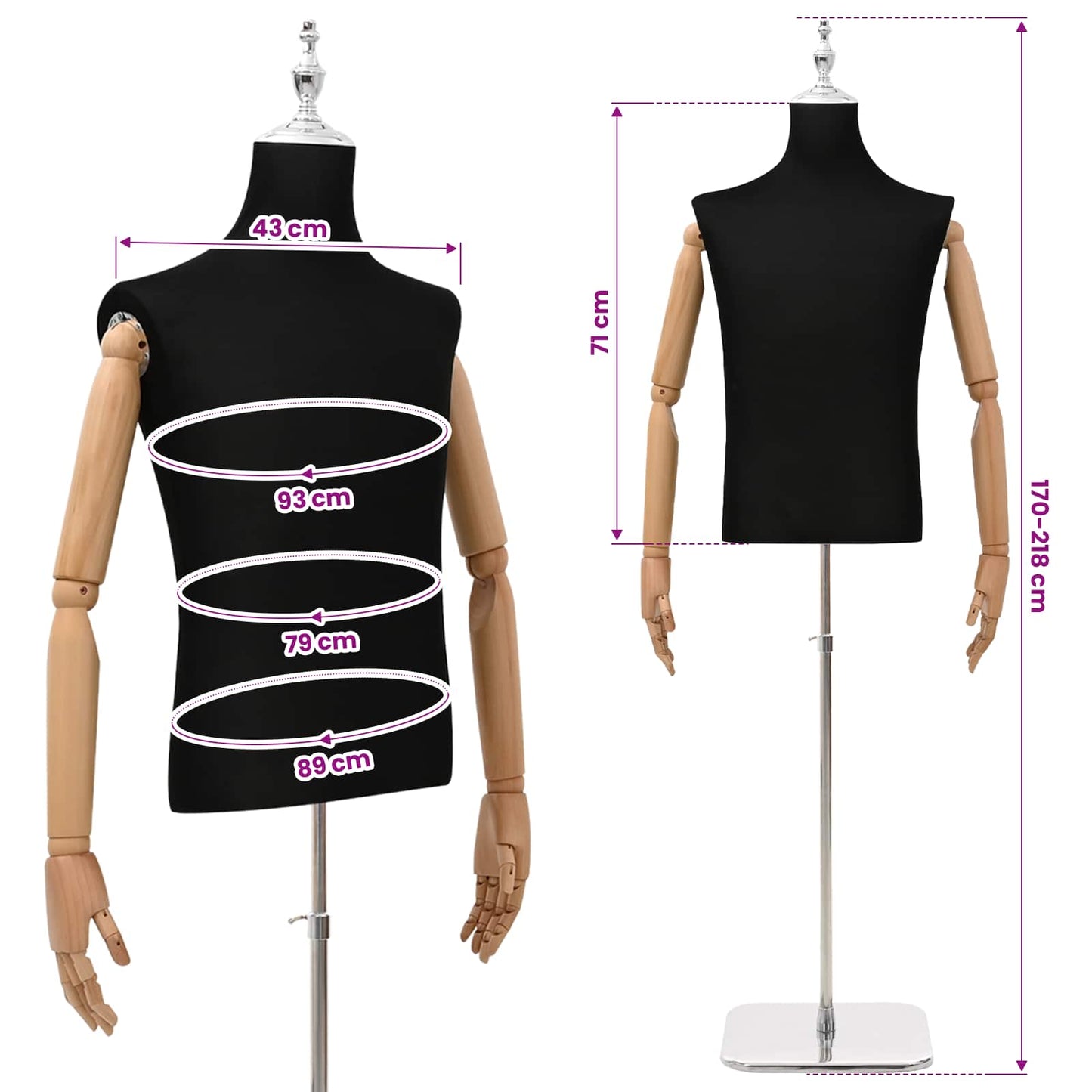 Justerbar mannequin 170-218 cm med base Mand PP Sort