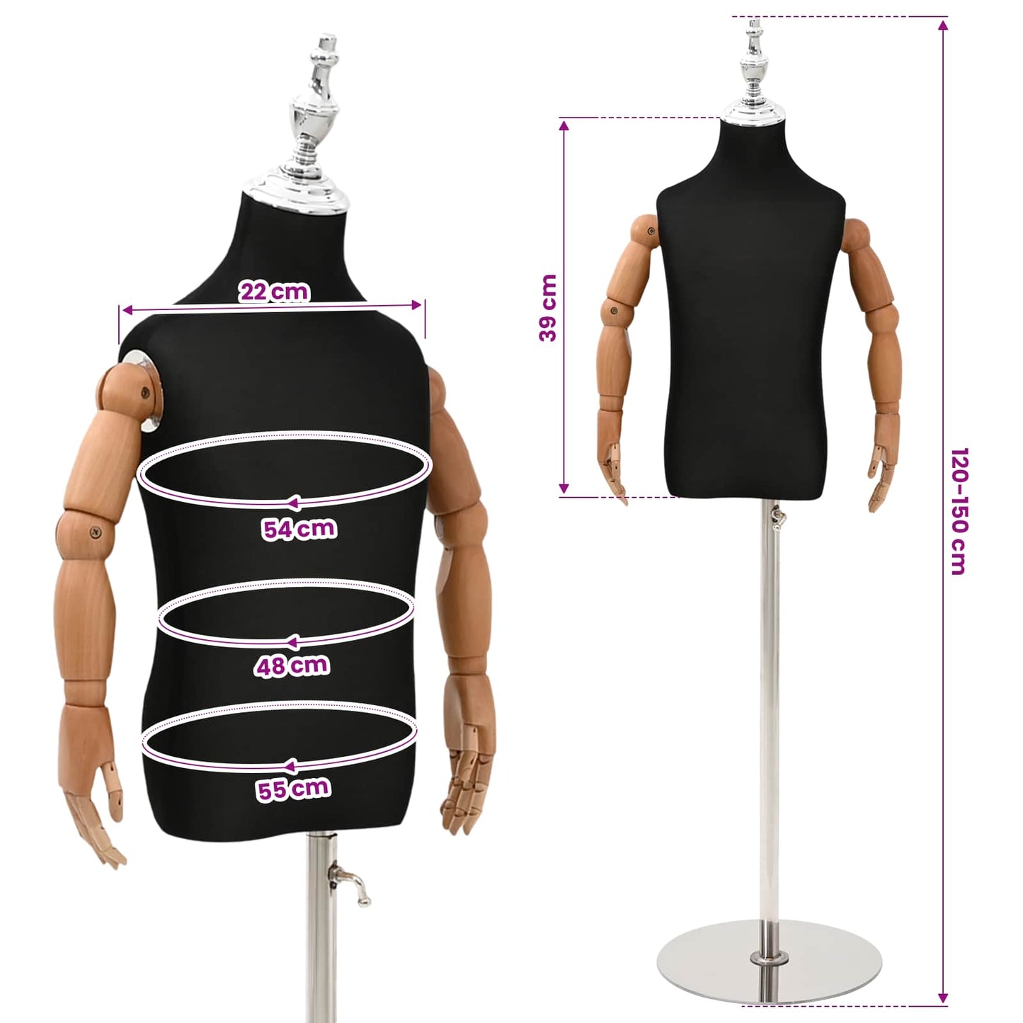 Justerbar 120-150 cm Mannequin med Base Unisex PP Sort