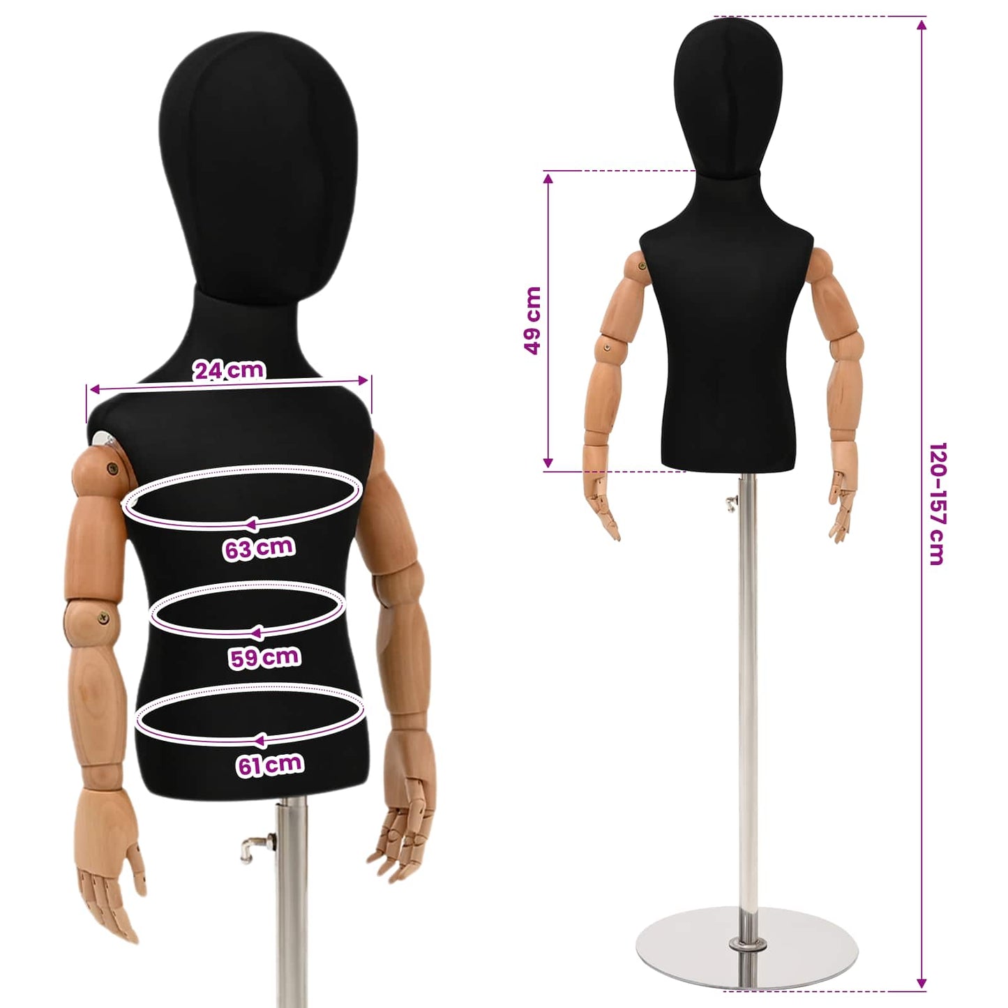 Justerbar 120-157 cm Mannequin med Base Unisex PP Sort