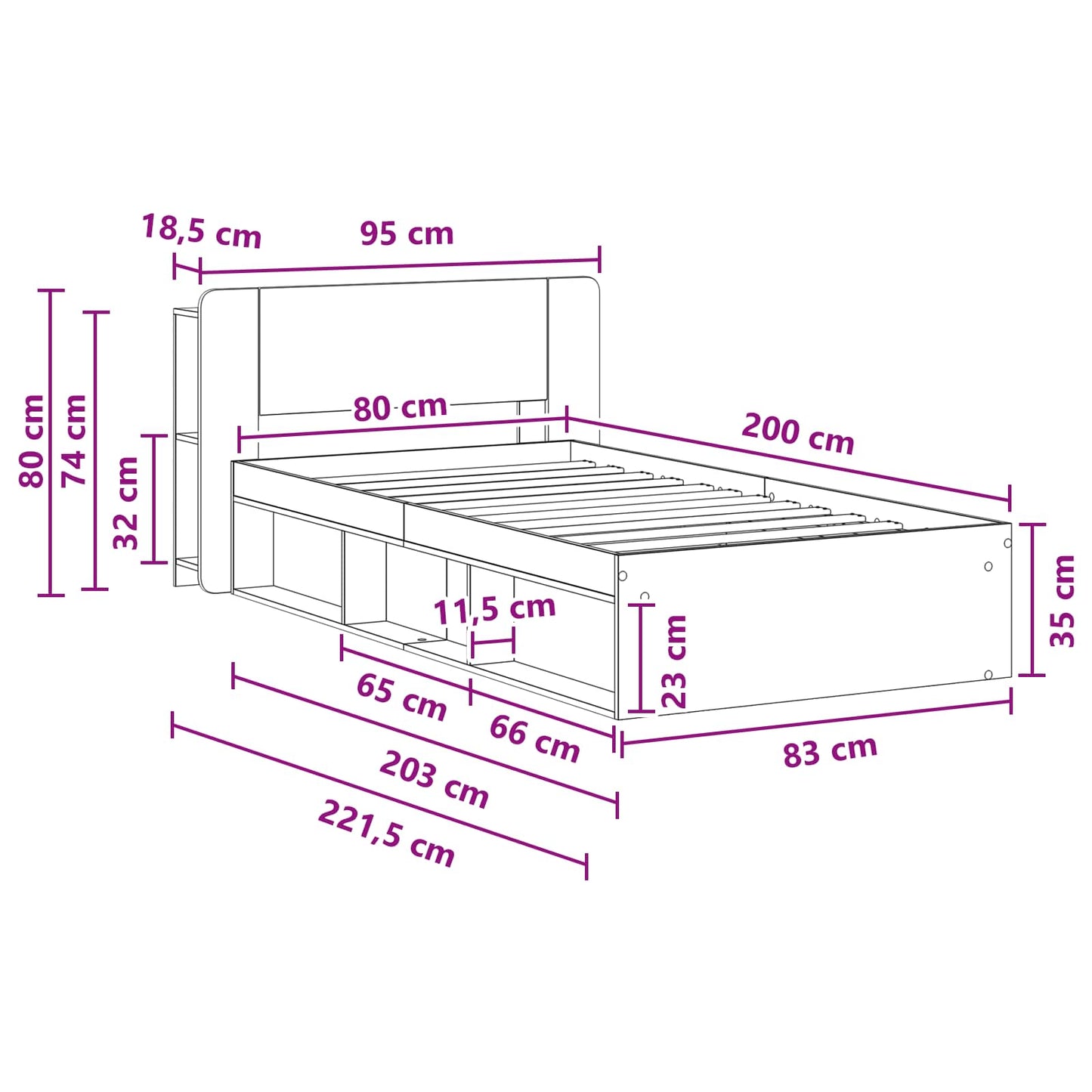 Sengestel med opbevaring Sonoma-eg 80 x 200 cm Konstrueret træ