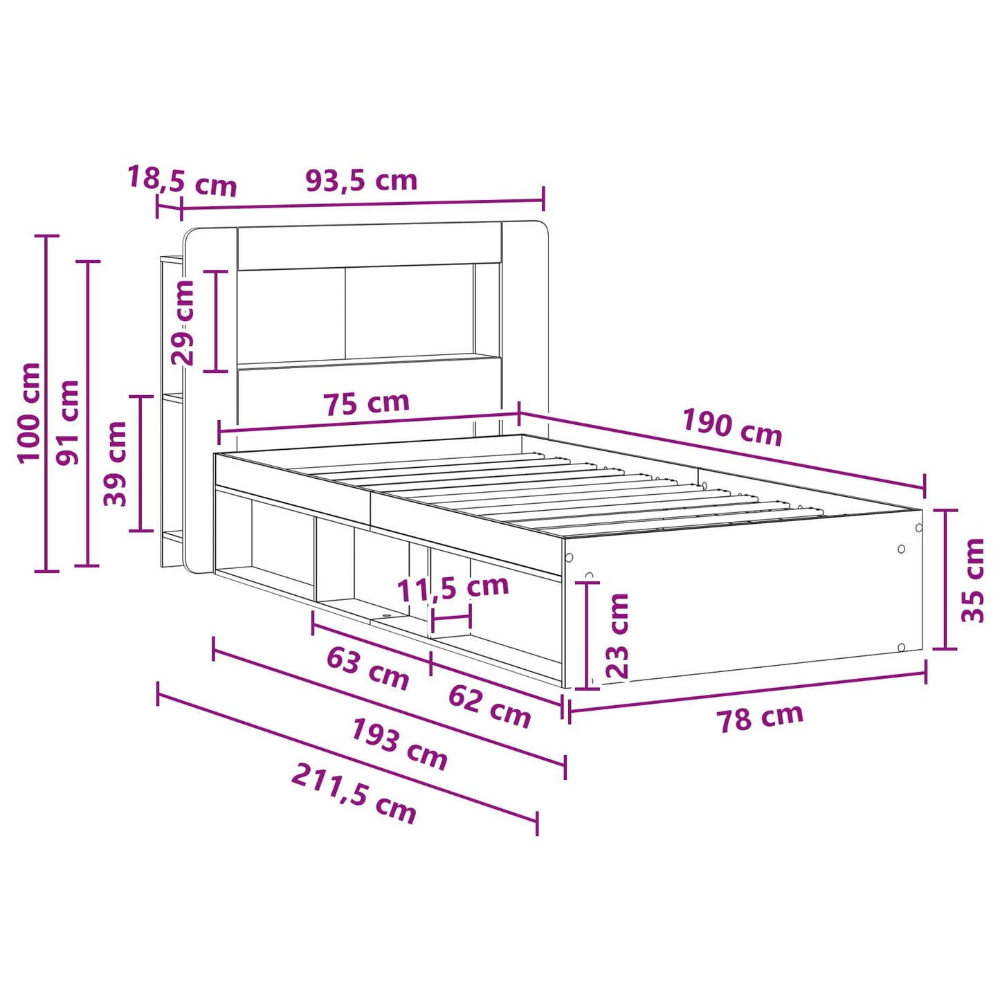 Sengestel med opbevaring Røget eg 75 x 190 cm Konstrueret træ