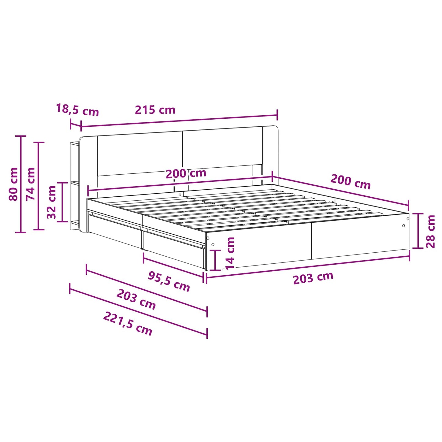 Sengestel med opbevaring Betongrå 200 x 200 cm Konstrueret træ