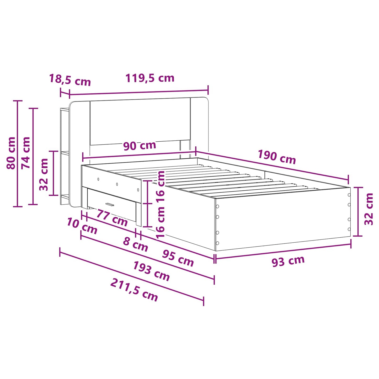 Sengestel med opbevaring Grå Sonoma 90 x 190 cm Konstrueret træ