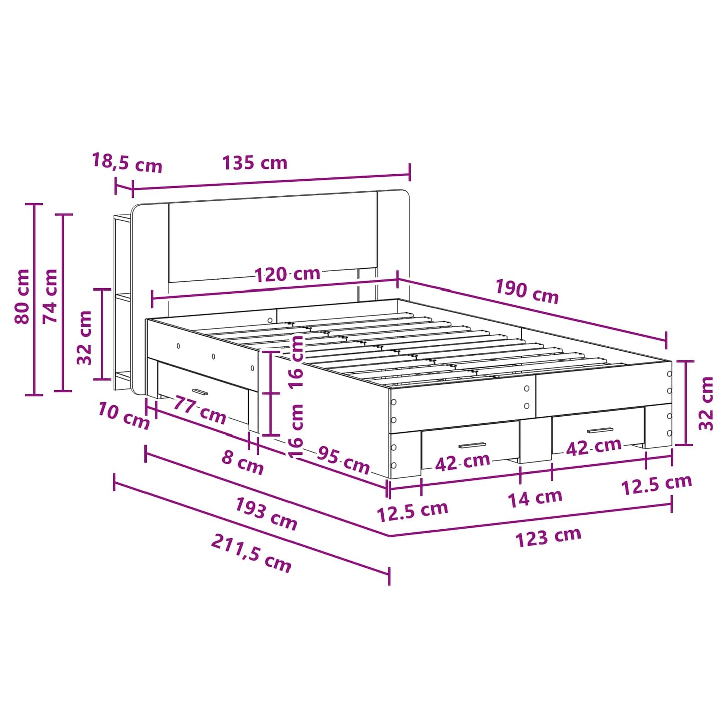 Sengestel med opbevaring med hovedgærde Artisan-eg 120 x 190 cm