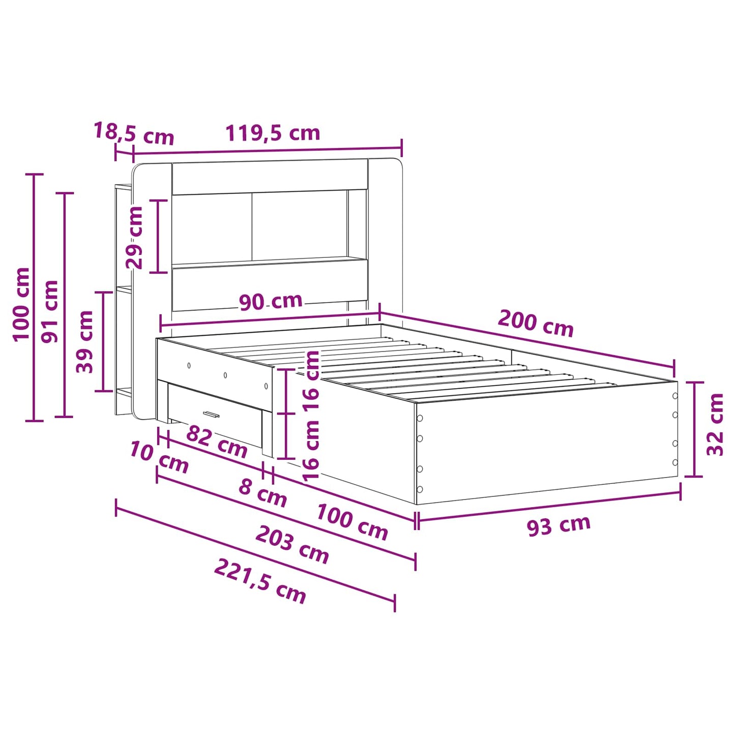 Sengestel med opbevaring Artisan-eg 90 x 200 cm Konstrueret træ