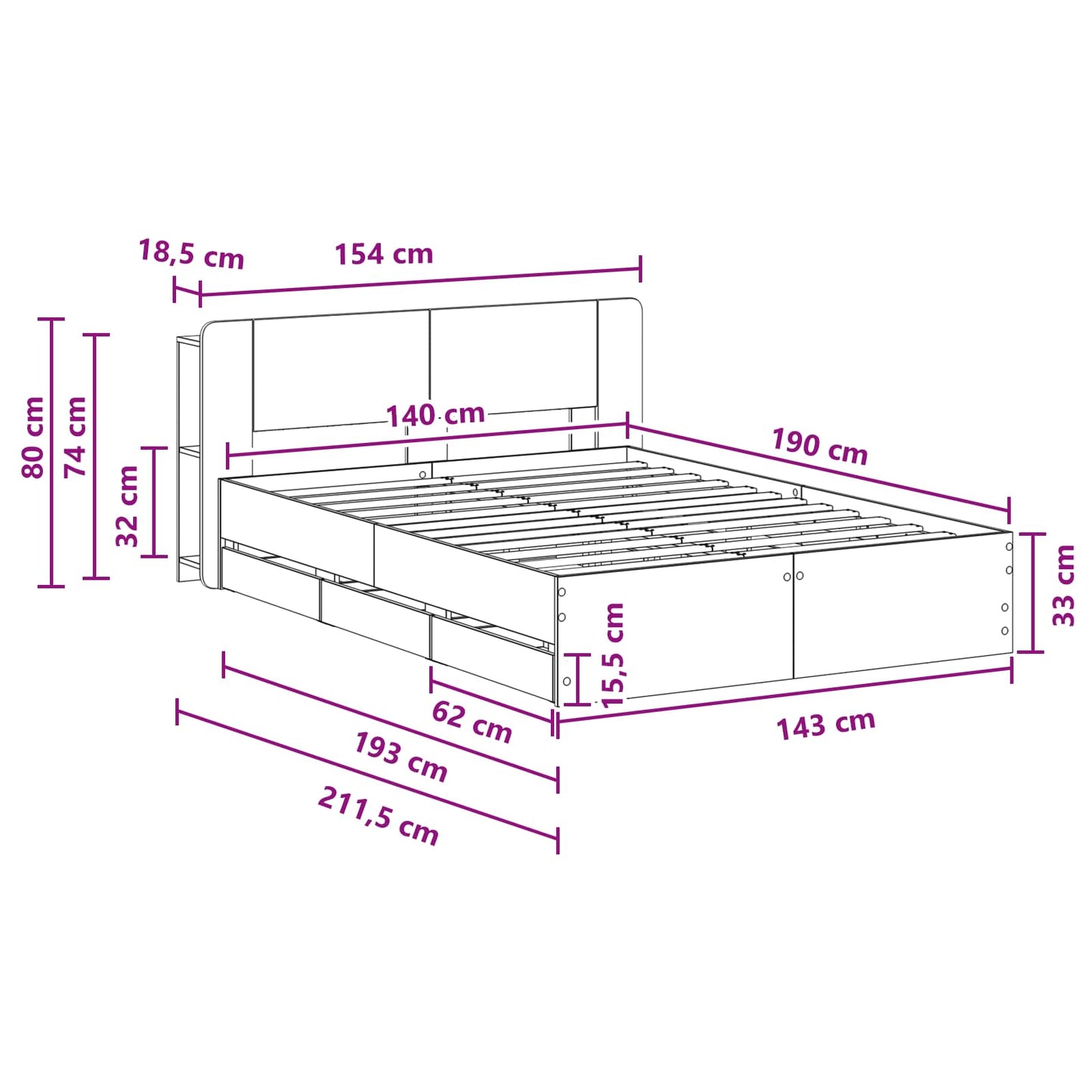 Sengestel med opbevaring Røget eg 135 x 190 cm Konstrueret træ