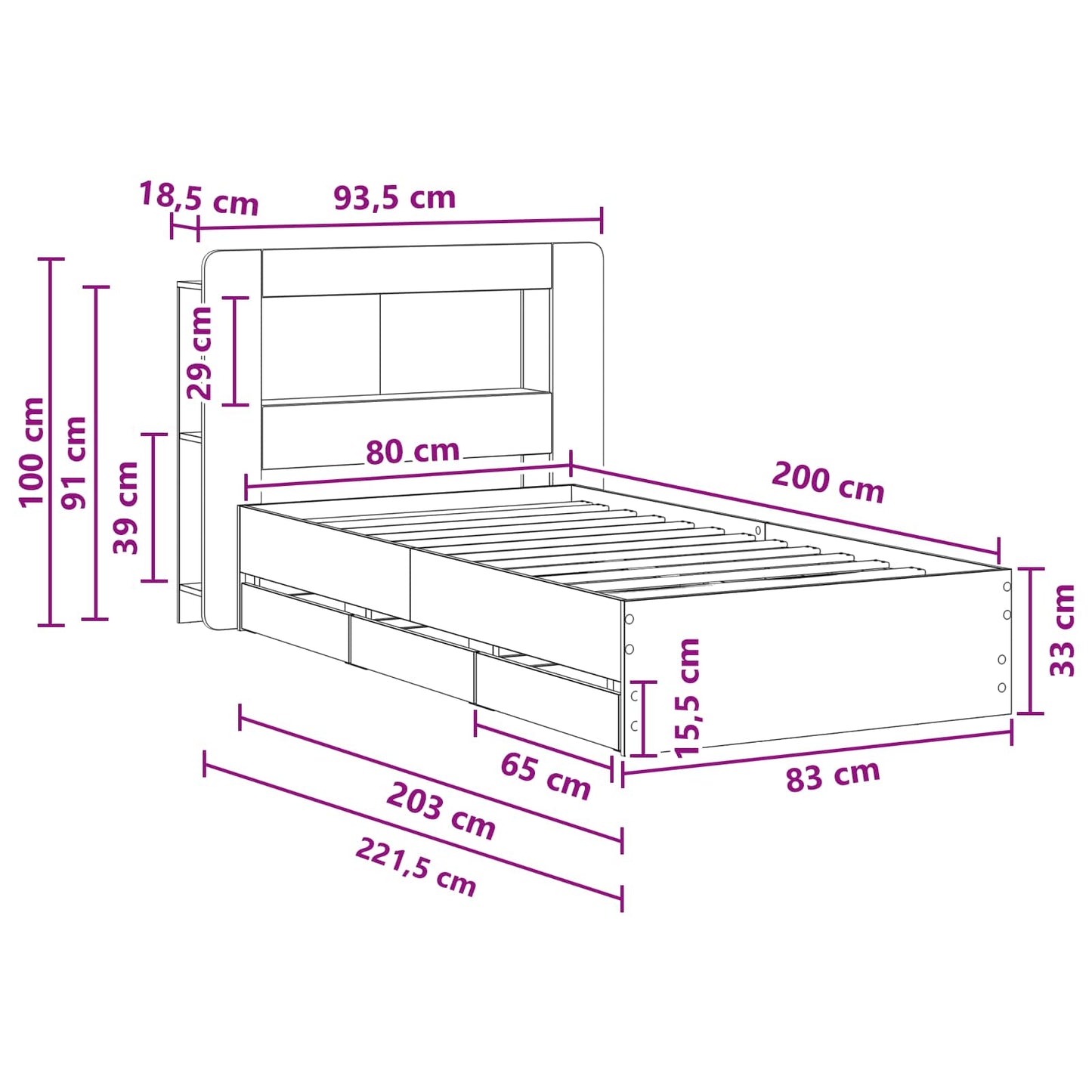 Sengestel med opbevaring og hovedgærde Grå Sonoma 80 x 200 cm