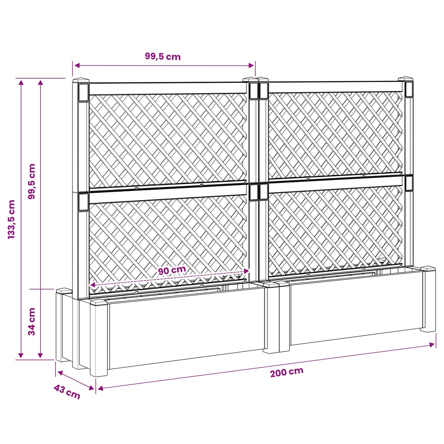 Stor krukke med trellis 2 pcs Grå 200 x 43 x 133,5 cm PP