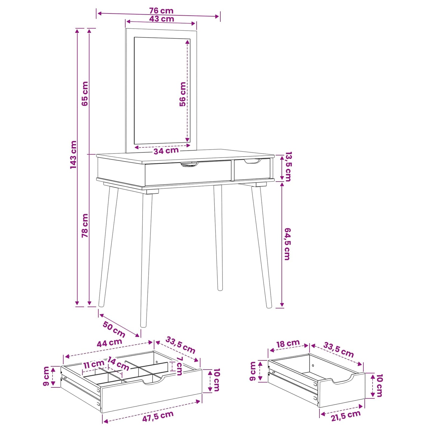 Makeupbord Sæt FAUSKE 2 stk. Hvid 76 x 50 x 143 cm