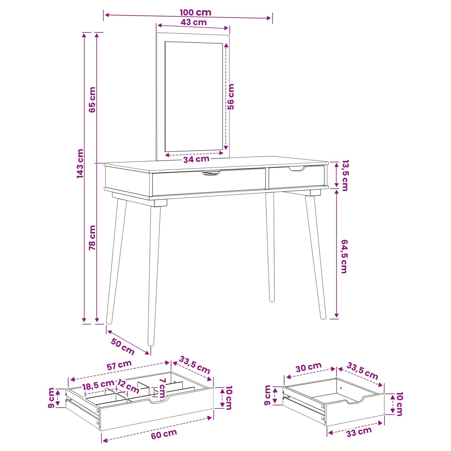 Makeupbord Sæt FAUSKE 2 stk. Hvid 100 x 50 x 143 cm