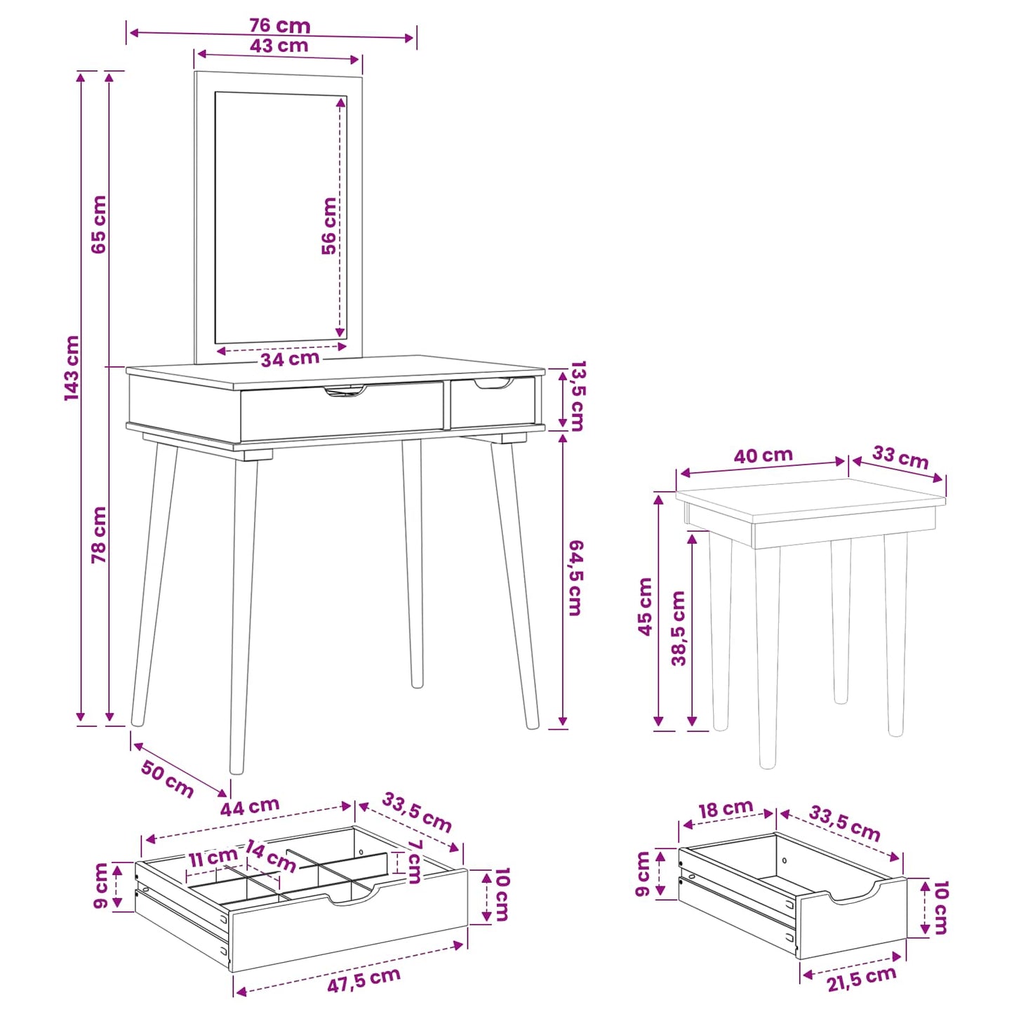 Makeupbord Sæt FAUSKE 3 stk. Hvid 76 x 50 x 143 cm
