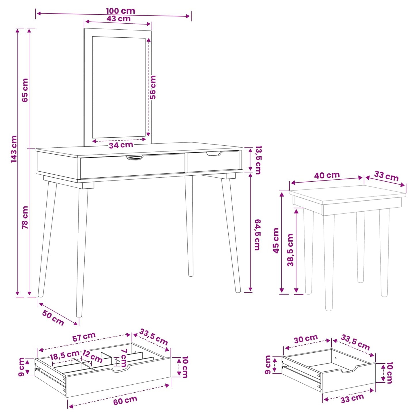 Makeupbord Sæt FAUSKE 3 stk. Hvid 100 x 50 x 143 cm