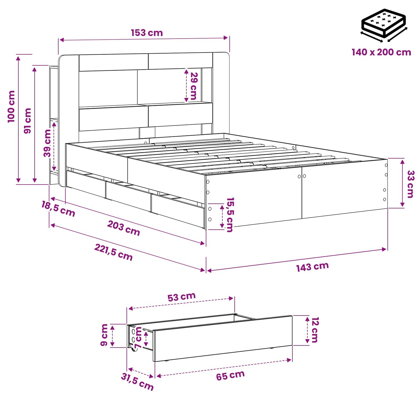 Sengestel med opbevaring og hovedgærde Artisan-eg 140 x 190 cm