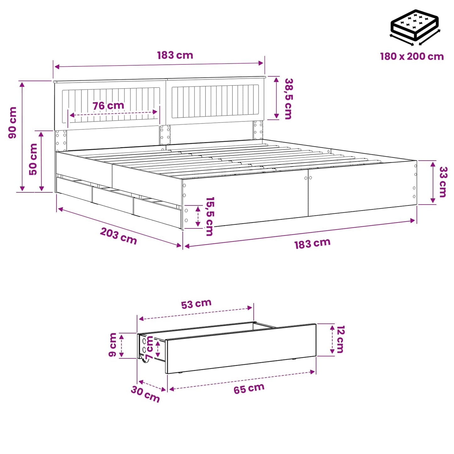 Bed Frame with Storage and Headboard Artisan Oak 180 x 200 cm