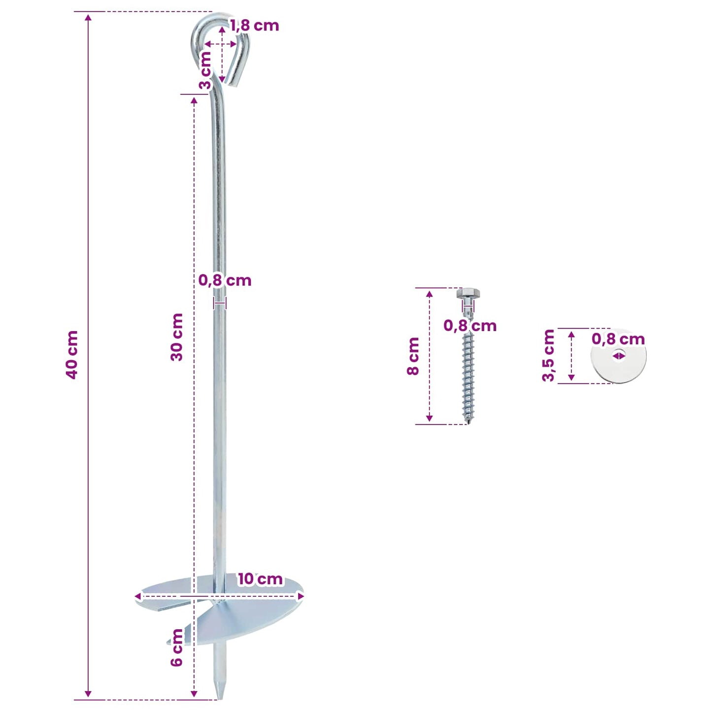 Jordanker 10 pcs Sølv Ø10 x 40 cm Galvaniseret metal